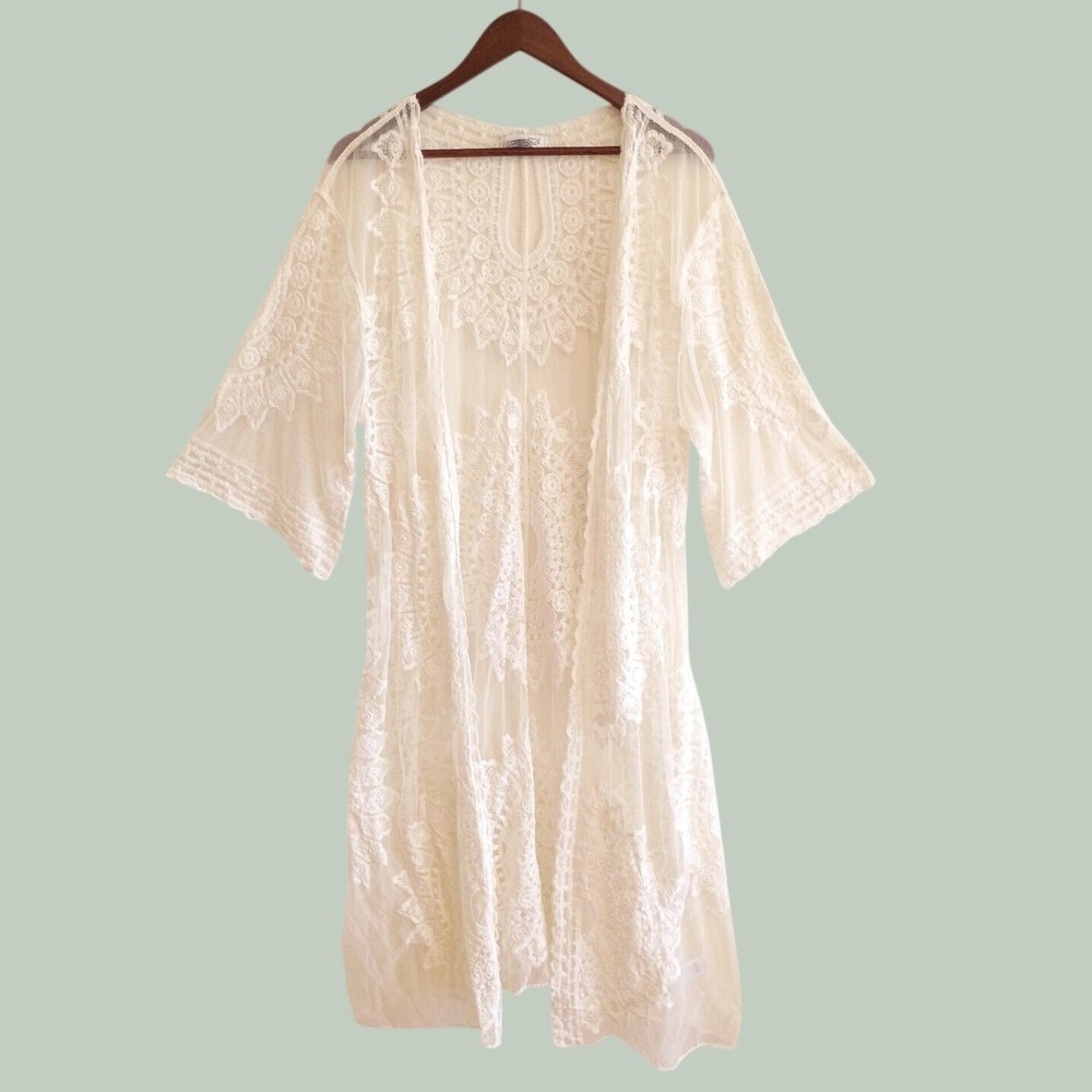 Rachel Zoe White Lace Mesh Kimono Cardigan Sheer Floral Embroidered OS Boho